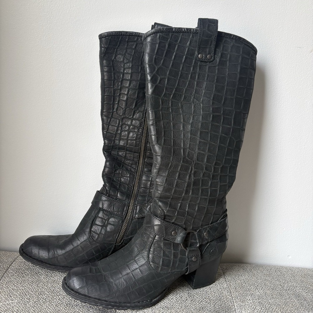 Born Shoes Women's 7,5 Gray Croc Embossed Leather Heeled Mid Calf Western Boots